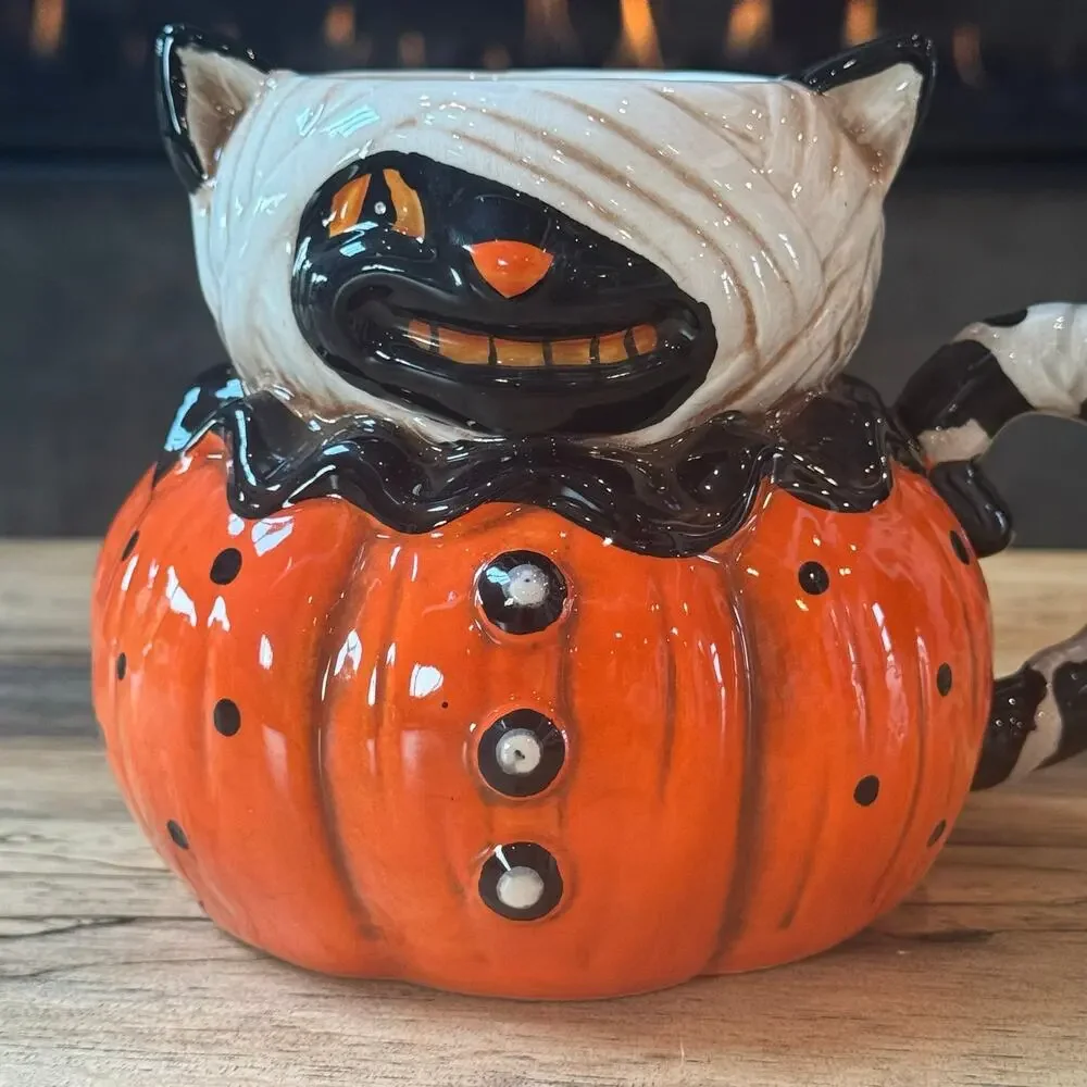 Johanna Parker Designs Halloween Cat Mummy Ceramic Mug, Retro Spooky Coffee Cup